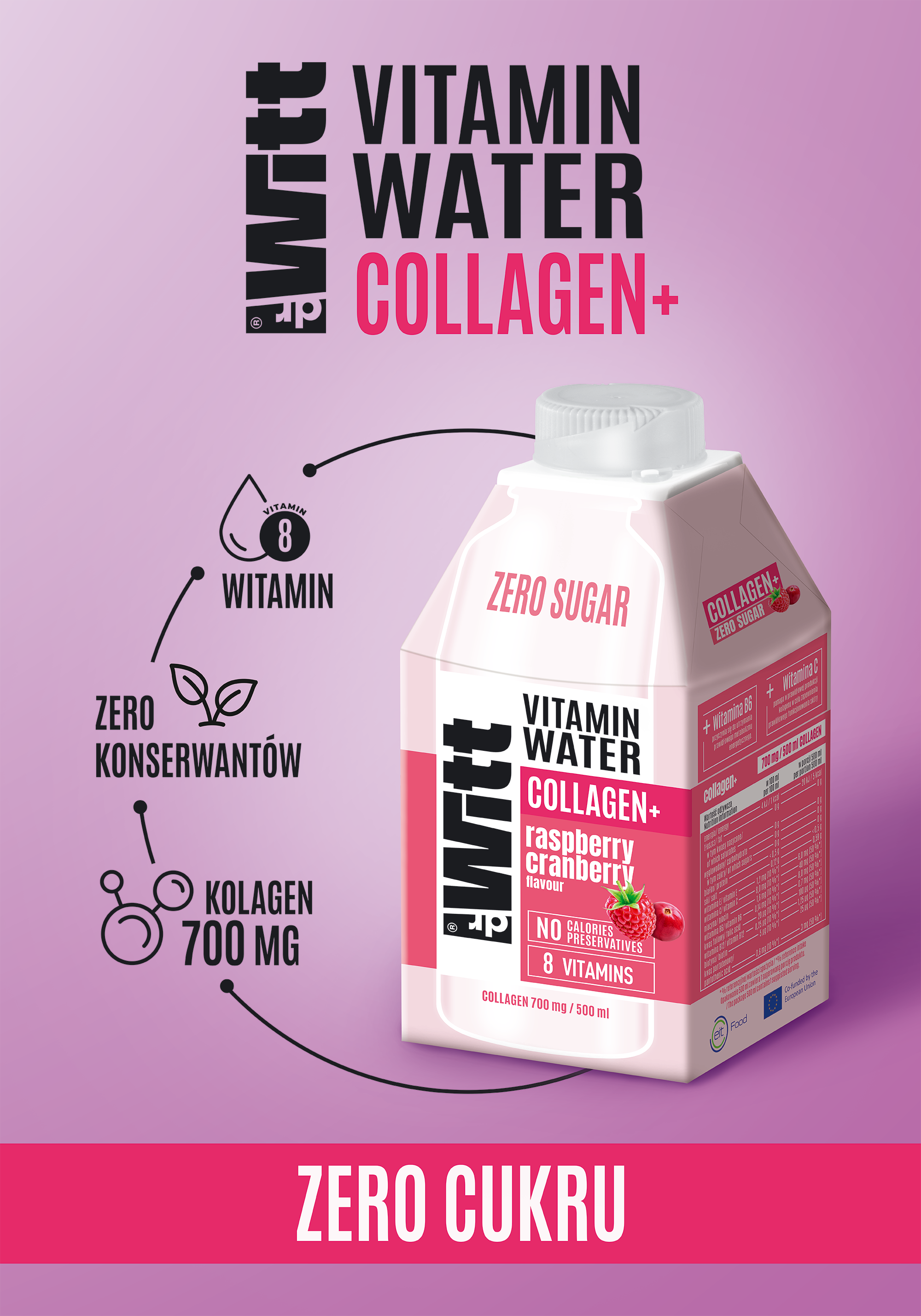 Witt Woda Witaminowa o smaku malina-żurawina + Kolagen 500ml